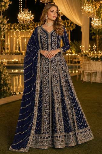 Navy blue georgette embroidered semi stitched salwar suit