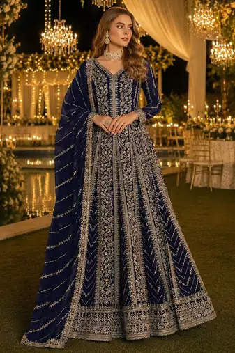 Navy blue georgette embroidered semi stitched salwar suit