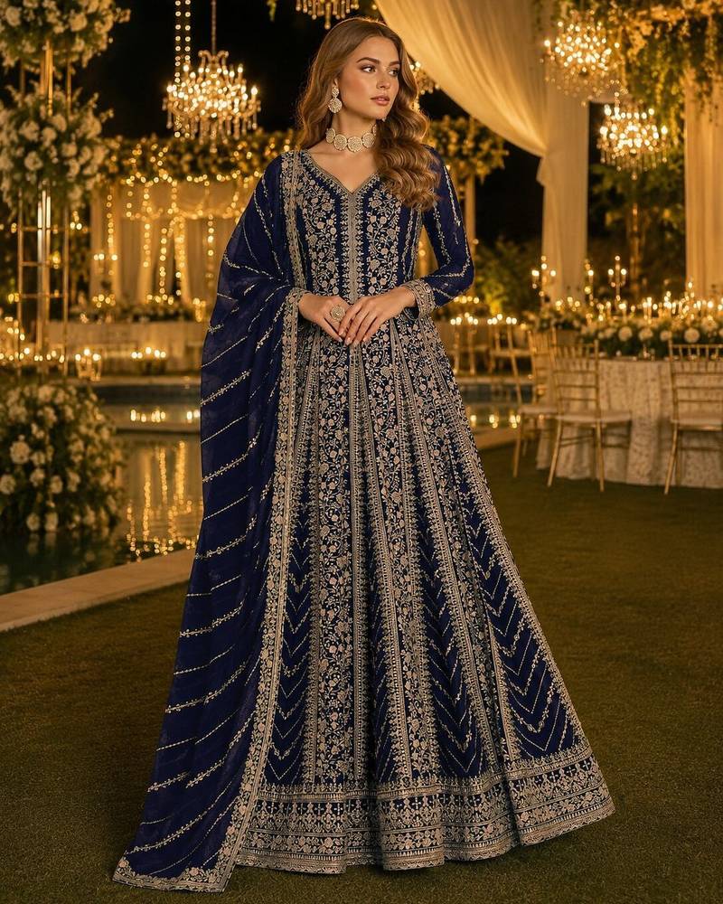 Navy blue georgette embroidered semi stitched salwar suit