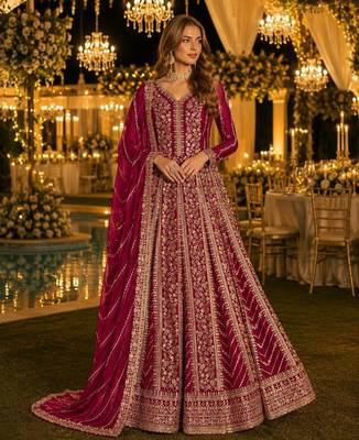 Dark pink georgette embroidered semi stitched salwar suit 1