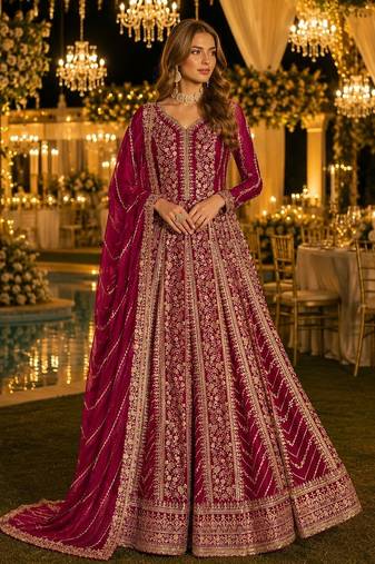 Dark pink georgette embroidered semi stitched salwar suit