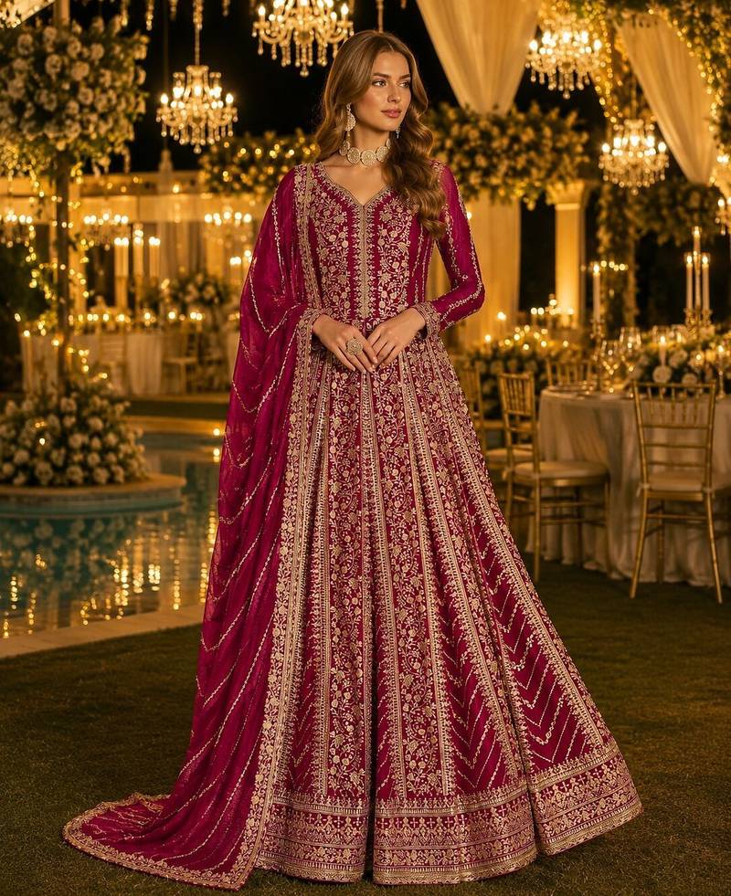 Dark pink georgette embroidered semi stitched salwar suit