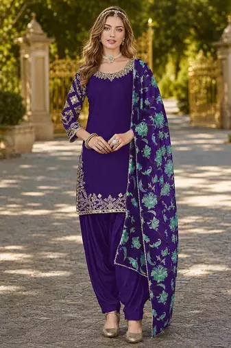 Purple premium embroidered roman silk semi stitched salwar suit