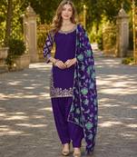 Purple premium embroidered roman silk semi stitched salwar suit