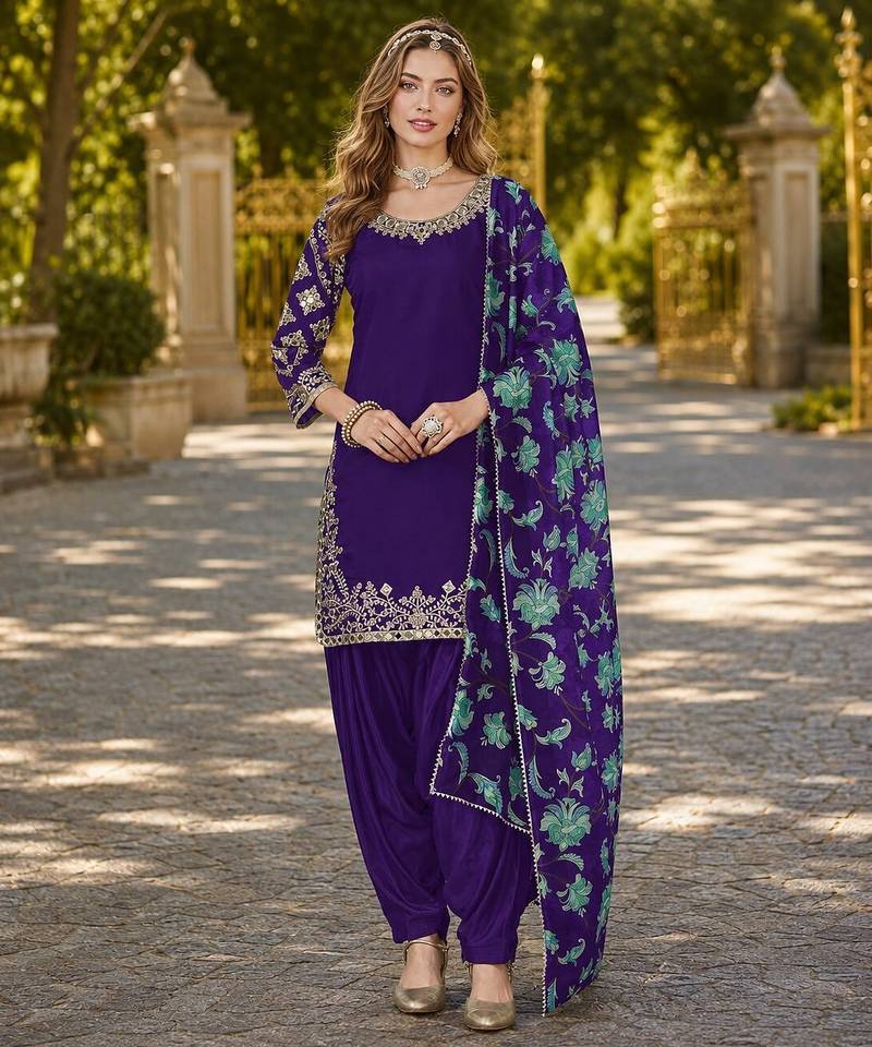 Purple premium embroidered roman silk semi stitched salwar suit