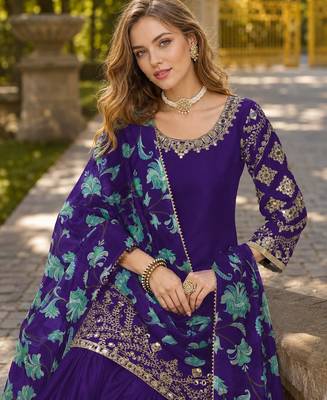 Purple premium embroidered roman silk semi stitched salwar suit 2