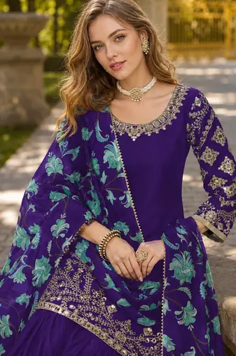 Purple premium embroidered roman silk semi stitched salwar suit