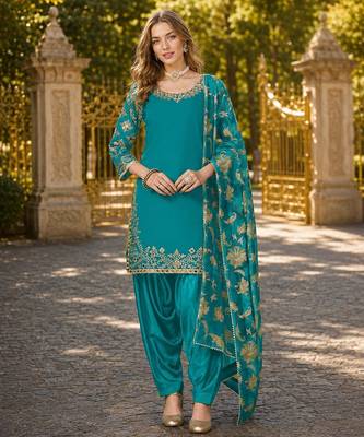 Teal-blue premium embroidered roman silk semi stitched salwar suit 1
