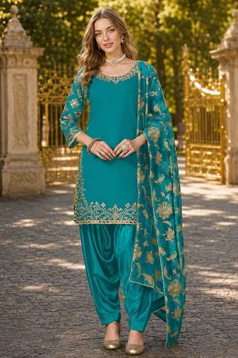 Teal-blue premium embroidered roman silk semi stitched salwar suit