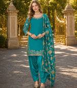 Teal-blue premium embroidered roman silk semi stitched salwar suit