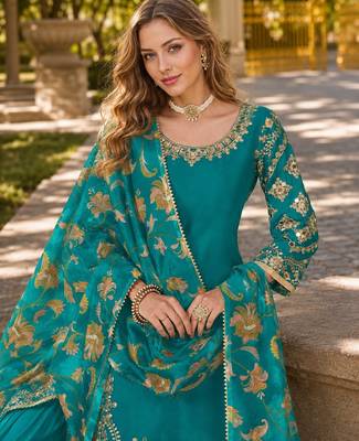 Teal-blue premium embroidered roman silk semi stitched salwar suit 2