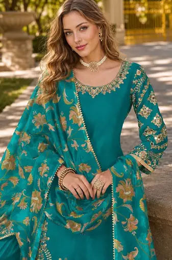 Teal-blue premium embroidered roman silk semi stitched salwar suit