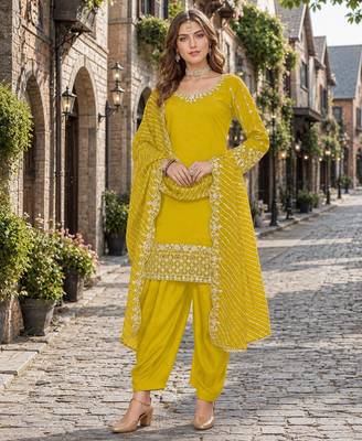 Yellow roman silk semi stitched suit with embroidery & real mirror work 1