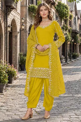Yellow roman silk semi stitched suit with embroidery & real mirror work