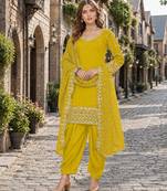 Yellow roman silk semi stitched suit with embroidery & real mirror work