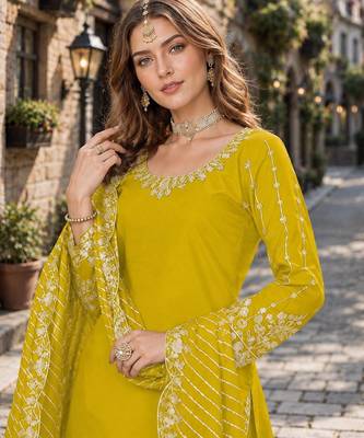 Yellow roman silk semi stitched suit with embroidery & real mirror work 2