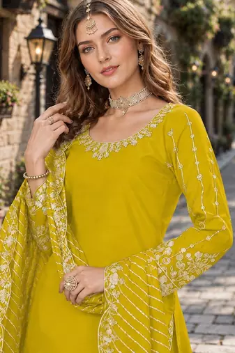 Yellow roman silk semi stitched suit with embroidery & real mirror work