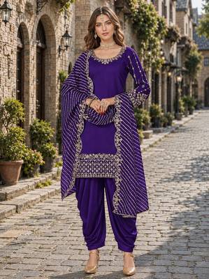 Purple roman silk semi stitched suit with embroidery & real mirror work 1