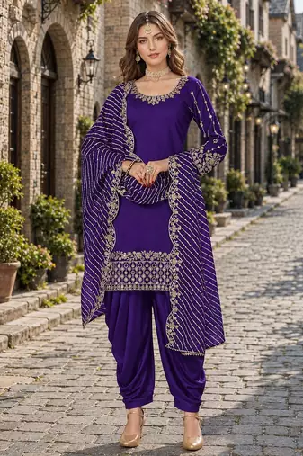 Purple roman silk semi stitched suit with embroidery & real mirror work