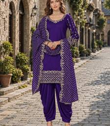 Purple roman silk semi stitched suit with embroidery & real mirror work