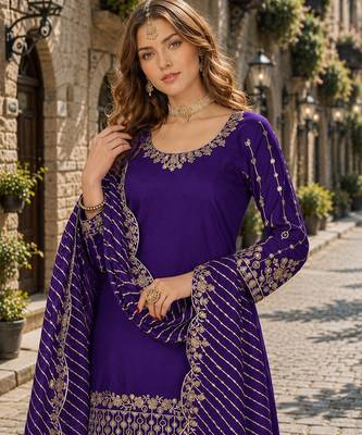 Purple roman silk semi stitched suit with embroidery & real mirror work 2