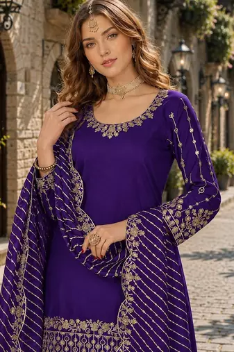 Purple roman silk semi stitched suit with embroidery & real mirror work