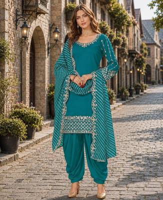 Turquoise roman silk semi stitched suit with embroidery & real mirror work 1
