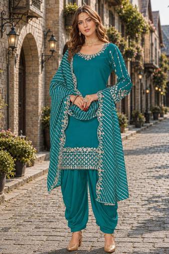 Turquoise roman silk semi stitched suit with embroidery & real mirror work