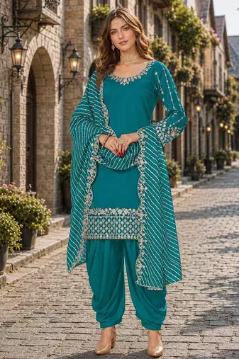 Turquoise roman silk semi stitched suit with embroidery & real mirror work