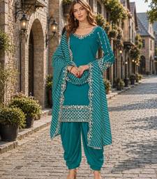 Turquoise roman silk semi stitched suit with embroidery & real mirror work