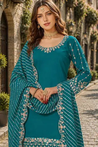 Turquoise roman silk semi stitched suit with embroidery & real mirror work
