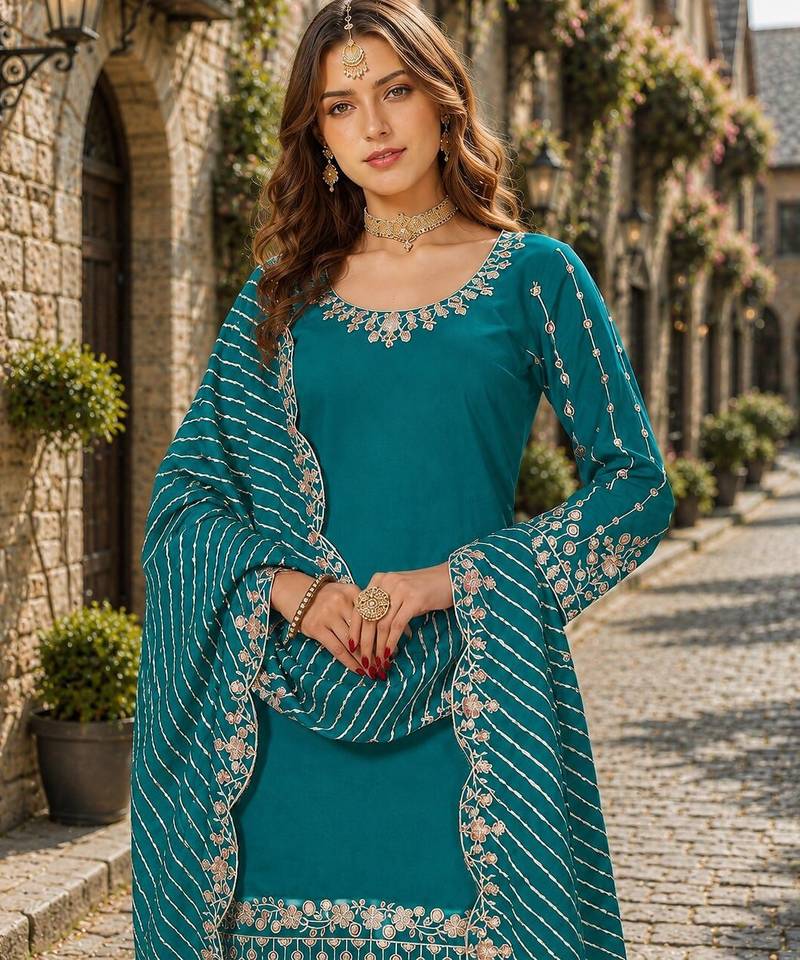 Turquoise roman silk semi stitched suit with embroidery & real mirror work