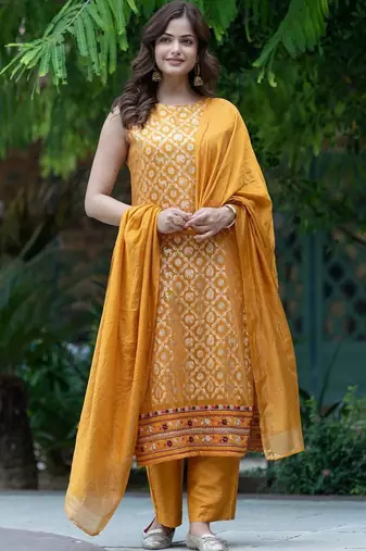 Women Ethnic Motifs Regular Kurta with Trousers & With Dupatta