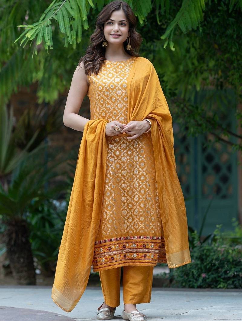 Women Ethnic Motifs Regular Kurta with Trousers & With Dupatta