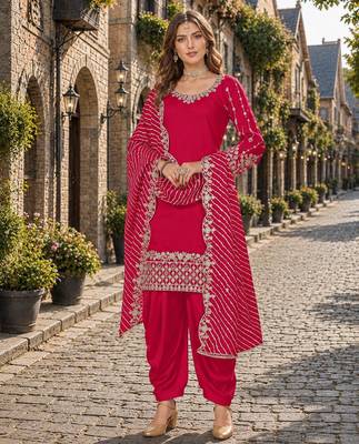 Red roman silk semi stitched suit with embroidery & real mirror work 1