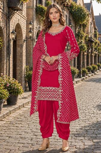 Red roman silk semi stitched suit with embroidery & real mirror work