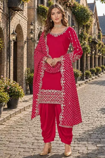 Red roman silk semi stitched suit with embroidery & real mirror work