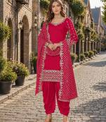 Red roman silk semi stitched suit with embroidery & real mirror work