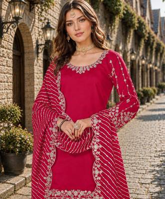 Red roman silk semi stitched suit with embroidery & real mirror work 2