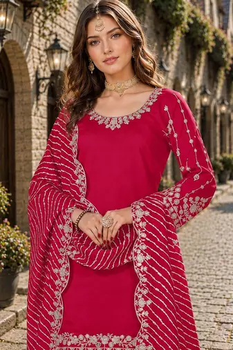 Red roman silk semi stitched suit with embroidery & real mirror work