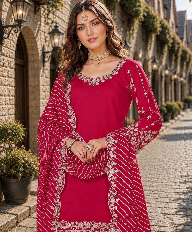 Red roman silk semi stitched suit with embroidery & real mirror work