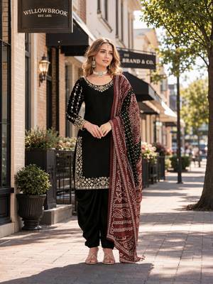 Black roman silk semi stitched suit with embroidery & real mirror work 1