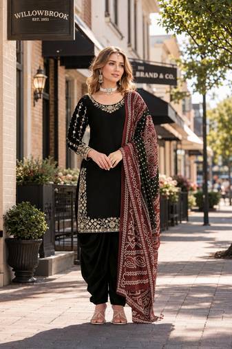 Black roman silk semi stitched suit with embroidery & real mirror work