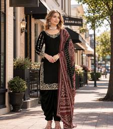 Black roman silk semi stitched suit with embroidery & real mirror work