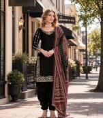 Black roman silk semi stitched suit with embroidery & real mirror work
