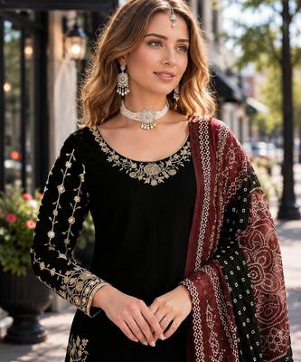 Black roman silk semi stitched suit with embroidery & real mirror work 2
