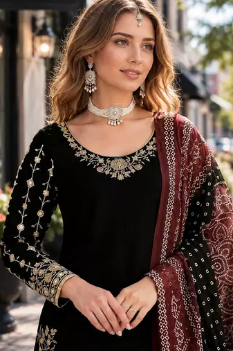 Black roman silk semi stitched suit with embroidery & real mirror work