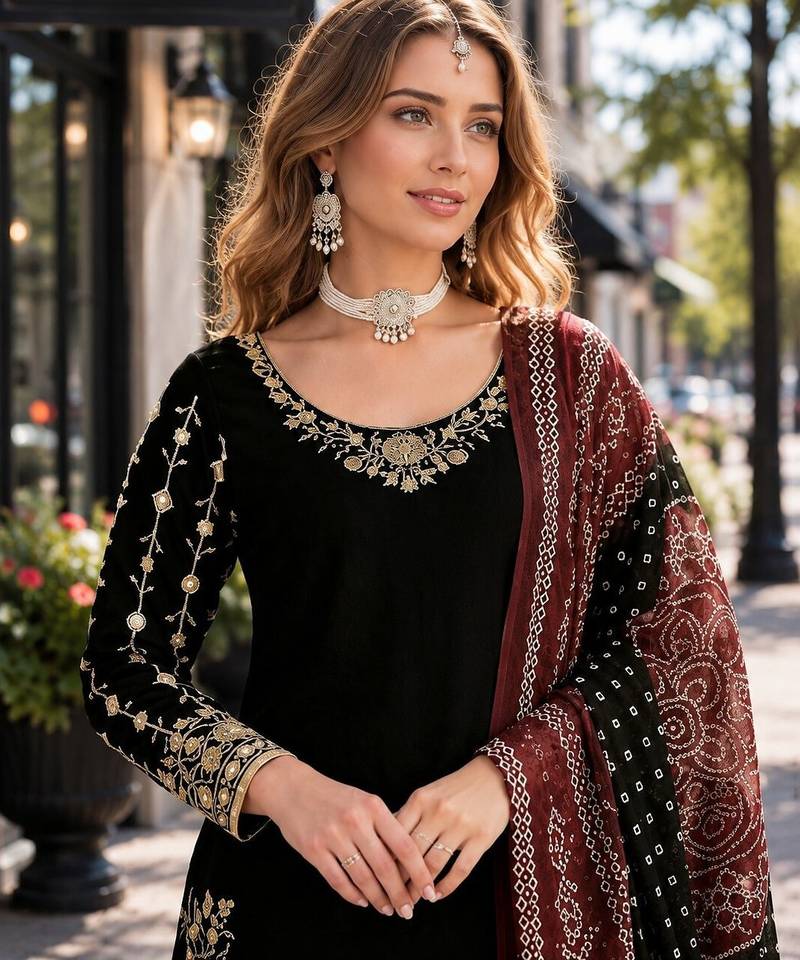 Black roman silk semi stitched suit with embroidery & real mirror work