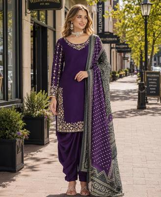 Purple roman silk semi stitched suit with embroidery & real mirror work 1