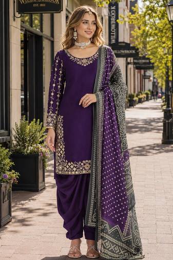 Purple roman silk semi stitched suit with embroidery & real mirror work